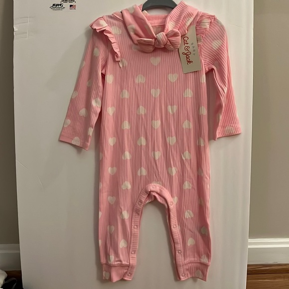 Cat & Jack Baby Girl Pink Heart One Piece Button Up Long Sleeve w/ Headb… - Picture 3 of 3